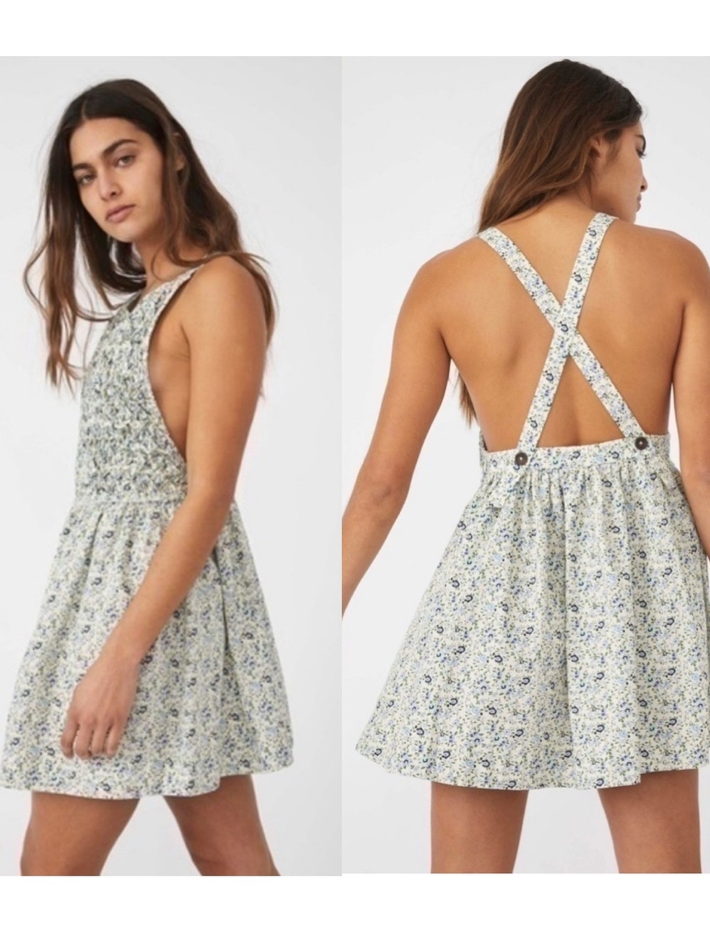 NWT Free People Petunia Mini Dress, Cream Blue Floral, Women's Medium